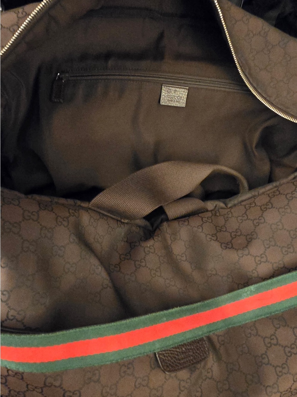 Gucci Brown GG Canvas Duffel with Green-Red Web Stripe